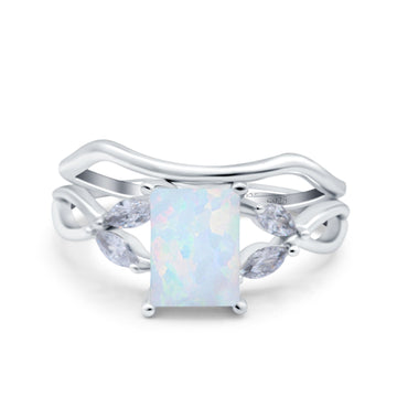 Two Piece Art Deco Emerald Cut Wedding Ring Lab Created White Opal 925 Sterling Silver